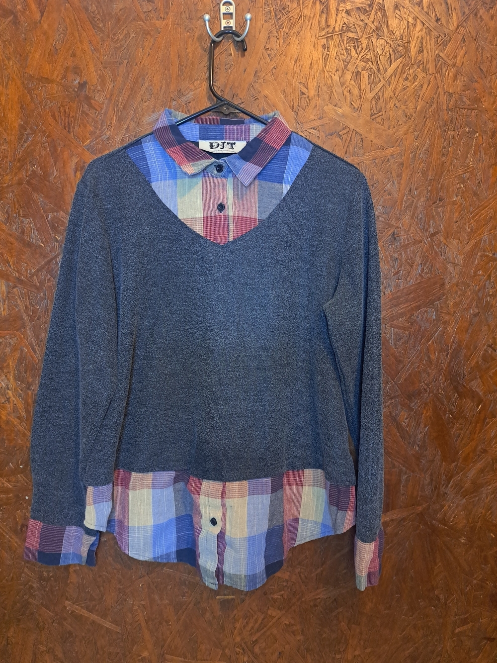DJT Layered V-Neck Sweater with Plaid Shirt Detail - Navy